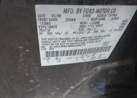 2008 Lincoln Mkx из США, поврежденный, VIN 2LMDU88C88BJ24210